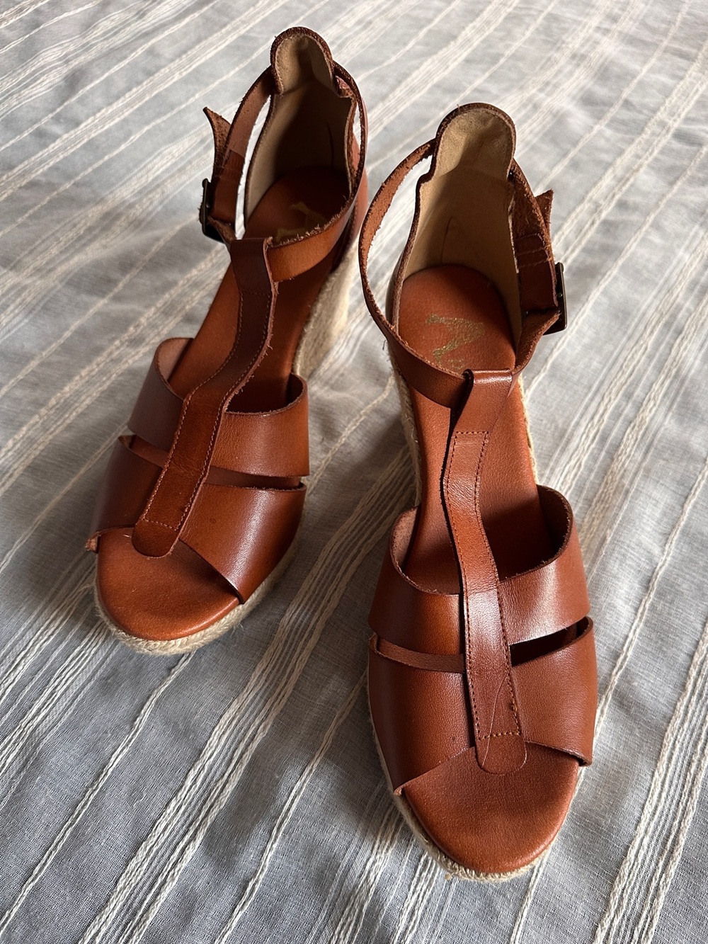 PASEART Cognac Leather T-Strap Espadrille Wedge Sandals | 40